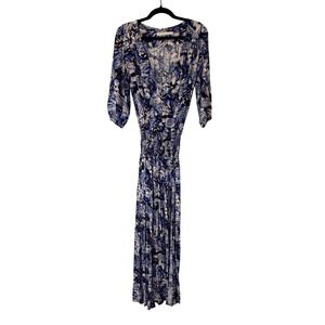 STILLWATER Women XS Blue White Abstract Print Maxi Dress V Neck Smocked Waist
